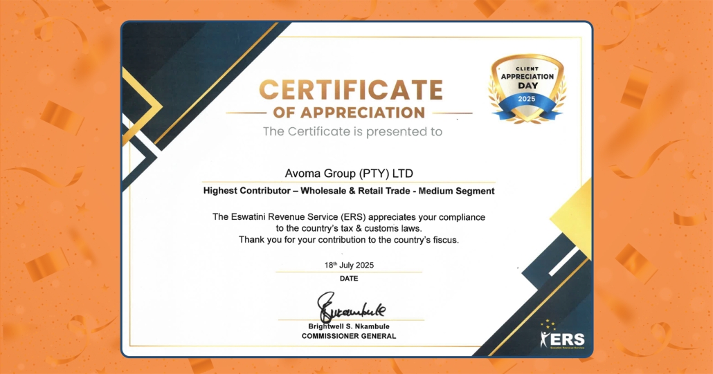 AVOMA Group receives Most Compliant & Highest Contributor award from Eswatini Revenue Authority in 2025.