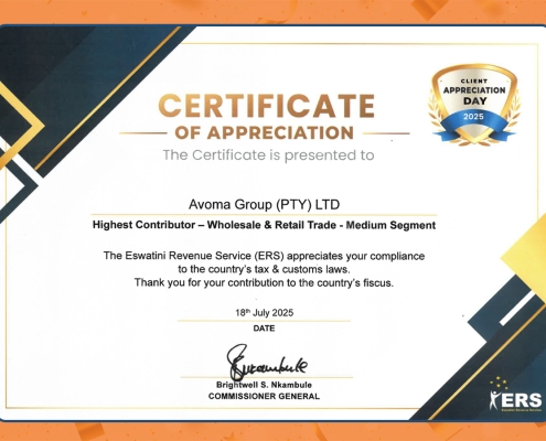 AVOMA Group receives Most Compliant & Highest Contributor award from Eswatini Revenue Authority in 2025.